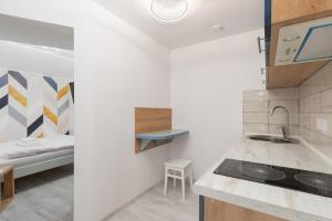 Opera Lane Suites في أوديسا: مطبخ صغير به حوض وسرير
