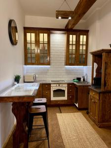 a large kitchen with wooden cabinets and a counter top at Malom Loft Apartman in Veszprém