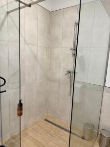 a shower with a glass door in a bathroom at Malom Loft Apartman in Veszprém
