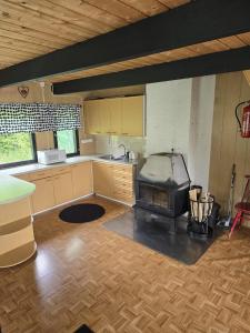 a kitchen with a stove in the middle of it at Revontulet ZH Tulimetsän Kylä in Pieksämäki
