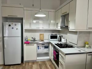 a kitchen with white cabinets and a white refrigerator at Apartment in green Budapest in Tbilisi City +15 photos