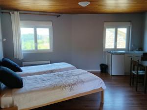 a bedroom with two beds and two windows at Hôtel de Cenves in Cenves