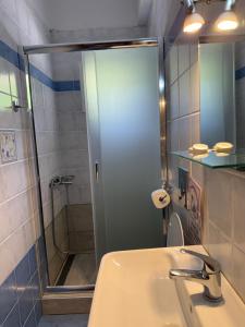 a bathroom with a shower and a sink and a mirror at Dolphins House in Koinyra +32 photos