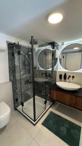 a bathroom with a glass shower and a sink at Brück Residenz - 100qm Altstadtwohnung an der Steinernen Brücke in Regensburg +25 photos
