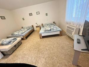 a room with three beds and a flat screen tv at Ubytovanie Klára in Veľký Meder