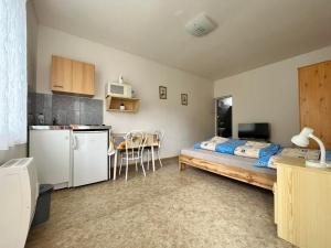 a bedroom with a bed and a kitchen with a table at Ubytovanie Klára in Veľký Meder