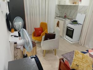 a living room with two chairs and a stove at Cosy Masta 1 in Pointe-Noire