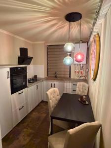 a kitchen with a table and chairs in a room at GZP Residence Lugoj 5 in Lugoj