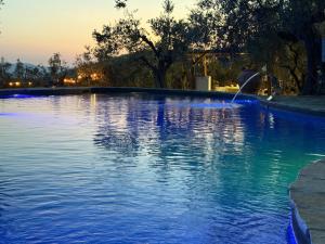 a swimming pool with a fountain in the water at Borgo Medievale di Poggio Alla Pieve Relais, Food & Art in Calenzano