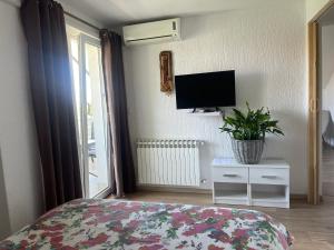 a bedroom with a bed and a tv on a wall at House Magdic Plitvice in Grabovac