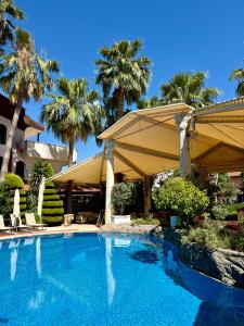 a swimming pool in a resort with palm trees at Mitos Apartments in Marmaris