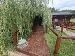 a wooden walkway with a willow tree over it at La Hacienda in Cheţani