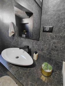 a bathroom with a white sink and a mirror at B&L Apartmani in Sutomore
