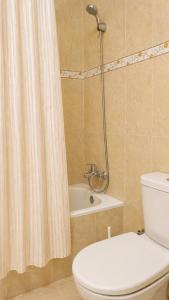 a bathroom with a shower curtain and a toilet at Pôr do Sol in Vila Nova de Gaia