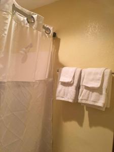 un baño con toallas blancas en un toallero. en Deluxe Inn Nebraska City, en Nebraska City