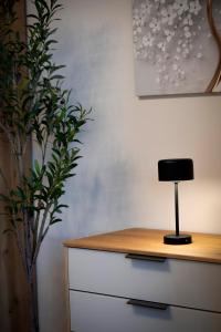 a lamp sitting on top of a dresser next to a plant at Ferienwohnnung EifelPanorama Berk in Dahlem