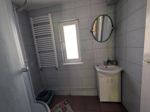 a bathroom with a sink and a mirror at Biały domek przy Hajnówce in Dubiny