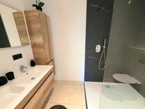 a bathroom with a shower and a sink and a toilet at Au delà du miroir in Stavelot