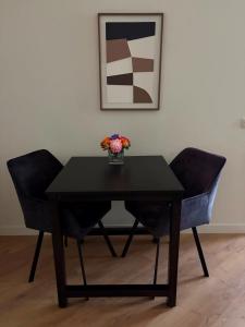 a black table with two chairs and a vase with flowers at Logement Sylroede in Lemmer
