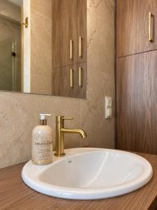 a bathroom sink with a bottle of soap on it at Majowe Sagankowo 1 minuta od Krupówek in Zakopane +21 photos