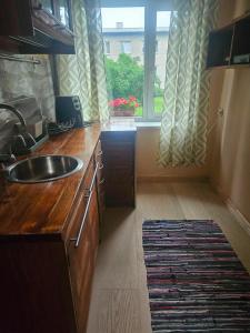 a kitchen with a sink and a window with a rug at Laeva in Pärnu