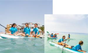 two pictures of people on a paddle board in the water at Moncofa Beaches Apartment in Moncófar