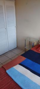 a bedroom with a bed with a blue and red rug at RestZone Healing Guest Suite in Pietermaritzburg