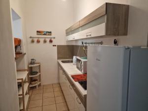 a small kitchen with a refrigerator and a sink at Zielona Przystań Apartament z widokiem na Pieniny in Jaworki