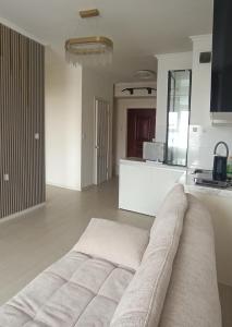 a living room with a couch and a kitchen at Darkhan Apartment in Darhan