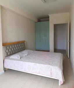 a bedroom with a large bed with a green cabinet at Darkhan Apartment in Darhan