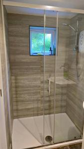 a shower with a glass door in a bathroom at The Shack 1 bedroom apartment in Newquay