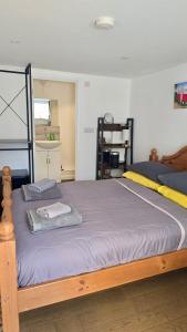 a bedroom with a bed with two bunk beds at The Shack 1 bedroom apartment in Newquay