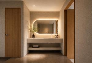 a bathroom with a sink and a mirror at Hotel Rima chocolat in Toyohira