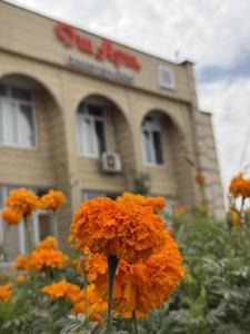 a bunch of orange flowers in front of a store at Osh Art Hotel in Osh