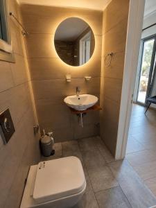 a bathroom with a toilet and a sink and a mirror at Prestige Rooms Andros in Gavrio
