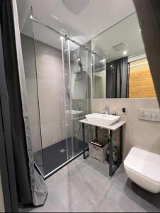 a bathroom with a shower and a sink and a toilet at Luxury Marina apartments in Rijeka +22 photos