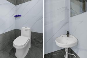 two pictures of a bathroom with a toilet and a sink at Super Townhouse Financial District Gachibowli Formerly Srinika Inn in Hyderabad