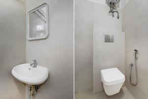 two pictures of a bathroom with a sink and a toilet at Super Townhouse Telapur Junction Formerly Fortune Inn in Hyderabad +24 photos
