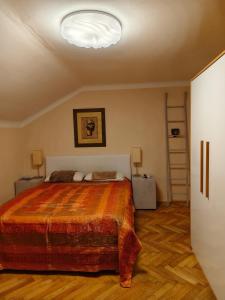 a bedroom with a large bed and a ladder at By Wallner's in Sankt Leonhard