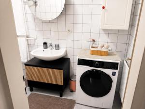 a small bathroom with a washing machine and a sink at Faraway Homes Studio Enns #14 in Enns