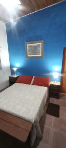 a bedroom with a bed with a blue wall at Cabaña LDM cc in Santa Rosa