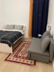 a bedroom with a bed and a chair and a rug at Jana holiday in Paris in Arcueil