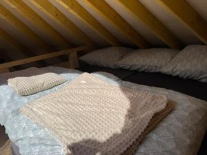 a bedroom with two beds in a attic at Jurajskie Jurty in Golczowice