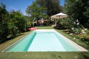 an empty swimming pool with an umbrella in a yard at Domaine de Cantegrel - Gîtes de Charme et Suite Troglodyte en Périgord in Vitrac