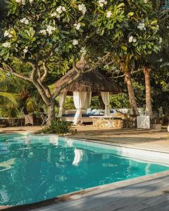 a swimming pool with a hut and a tree at Harmonie in Rivière Noire
