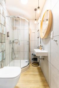 a bathroom with a shower and a toilet and a sink at APARTAMENTY ZDROJOWA 9 in Duszniki Zdrój +96 photos