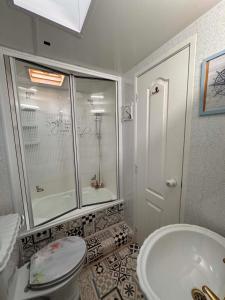 a bathroom with a shower and a toilet and a sink at Między polami in Drewnica +21 photos