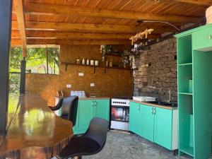 a kitchen with green cabinets and a wooden ceiling at Trigona Guest House & Hostel in Gjirokastër