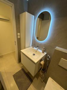 a bathroom with a white sink and a mirror at Studio du Lac in Créteil