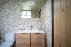 a bathroom with a sink and a toilet and a mirror at L'Oasis d'Yza in Gedinne